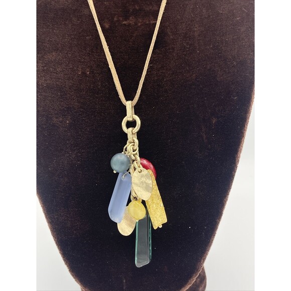 Chicos Long Leather Cord With Colorful Cluster Pendant New - Picture 2 of 7